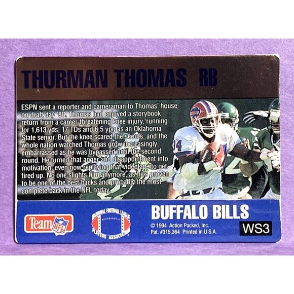 1994 Action Packed THURMAN THOMAS Warp Speed Card #WS3 Bills - Picture 2 of 2